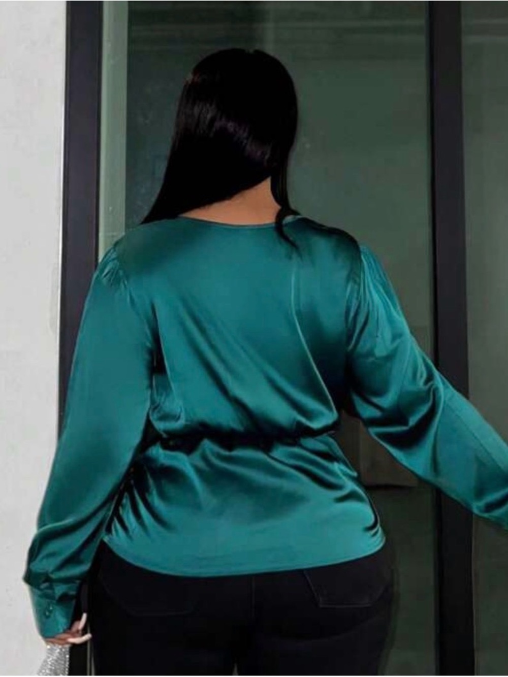 Plus Satin Long-Sleeve Blouse in Teal
